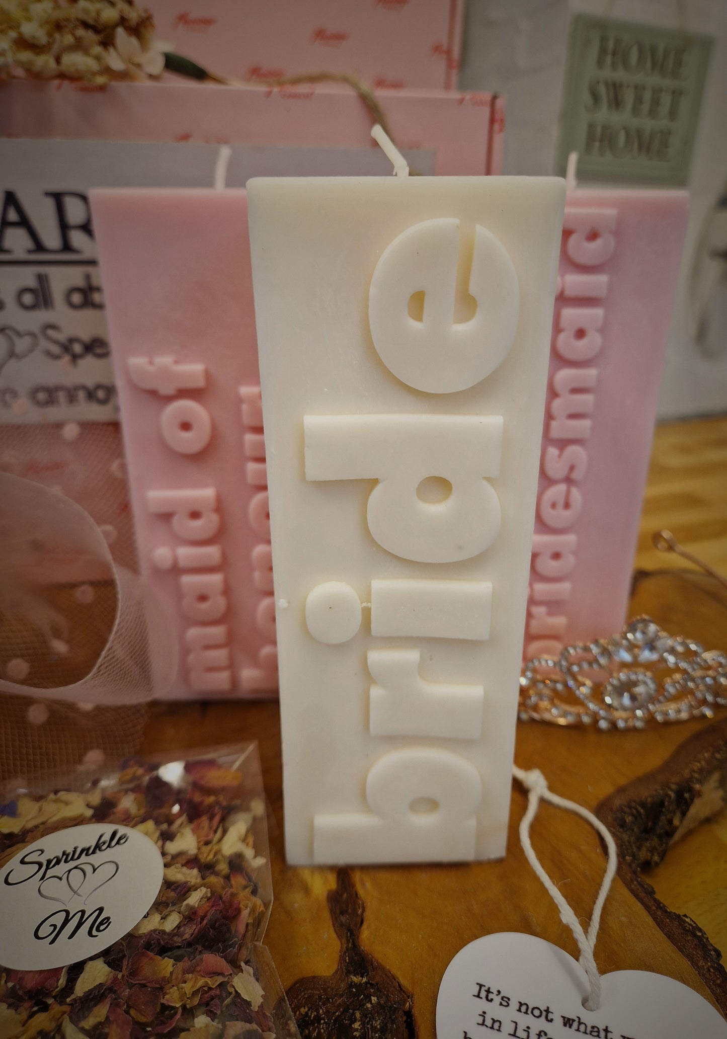 Bride slogan block pillar candle