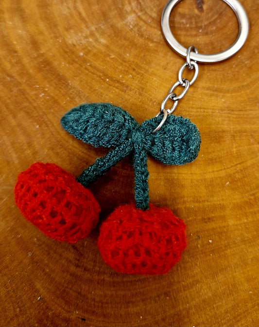 Keyring - knitted 3D cherries