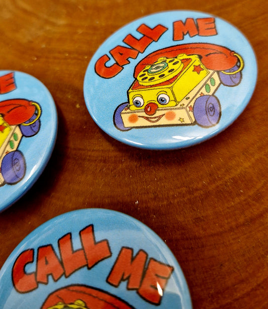 Retro badge - Call me, Fisher price phone